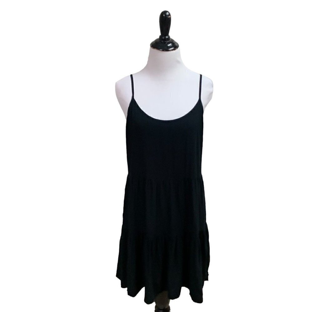 Mudd Women's L Large Spaghetti Strap Top Tiered Lace up Back Flowy Black